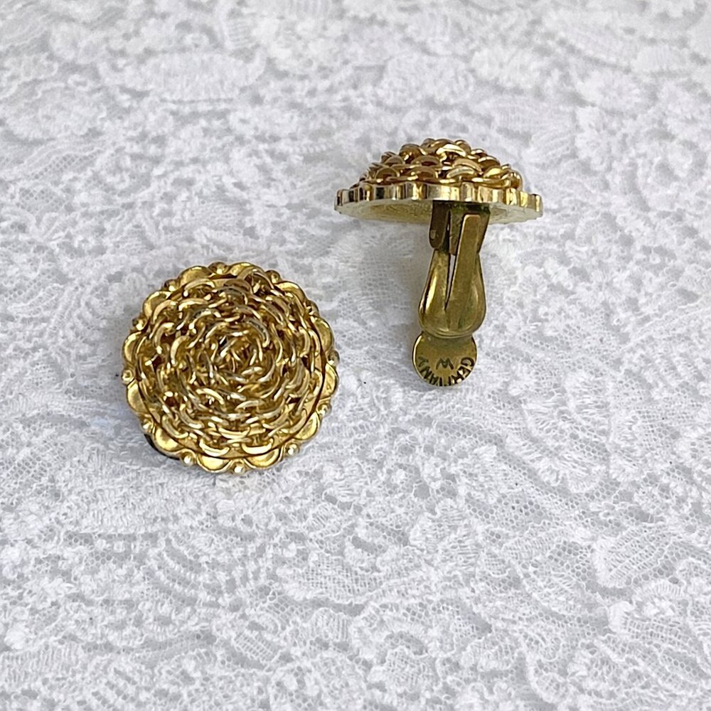Vintage Signed Western Germany Clip-On Earrings Gold Tone Round Woven Chain Dome